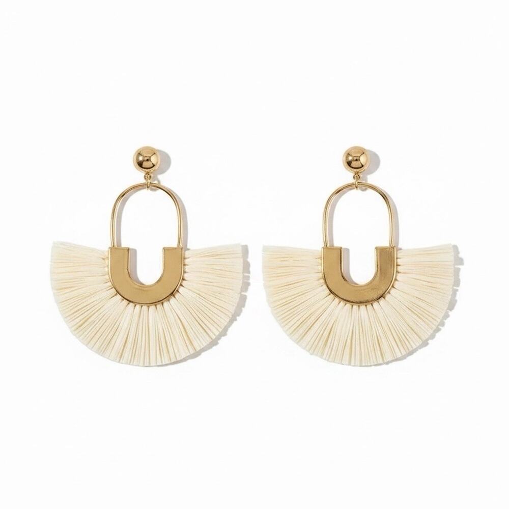 Modern Boho Statement Raffia Fan Earrings Gold Resort Tribal Vacation Dangle